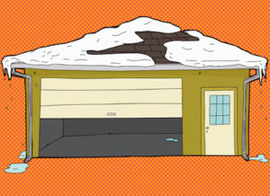 roken garage door with snow on roof over orange background