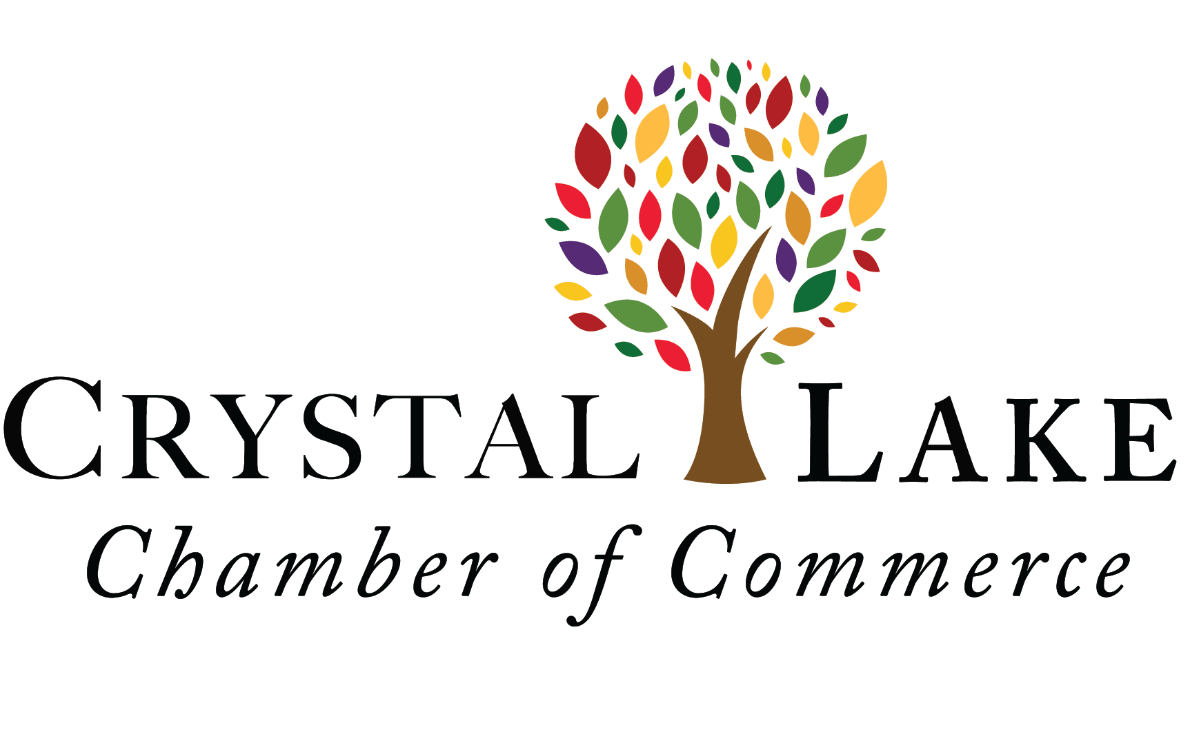 Logo for Crystal Lake Chamber of Commerce, featuring a stylized tree with a brown trunk and colorful leaves in red, green, yellow, and purple above the organizations name in elegant black text.